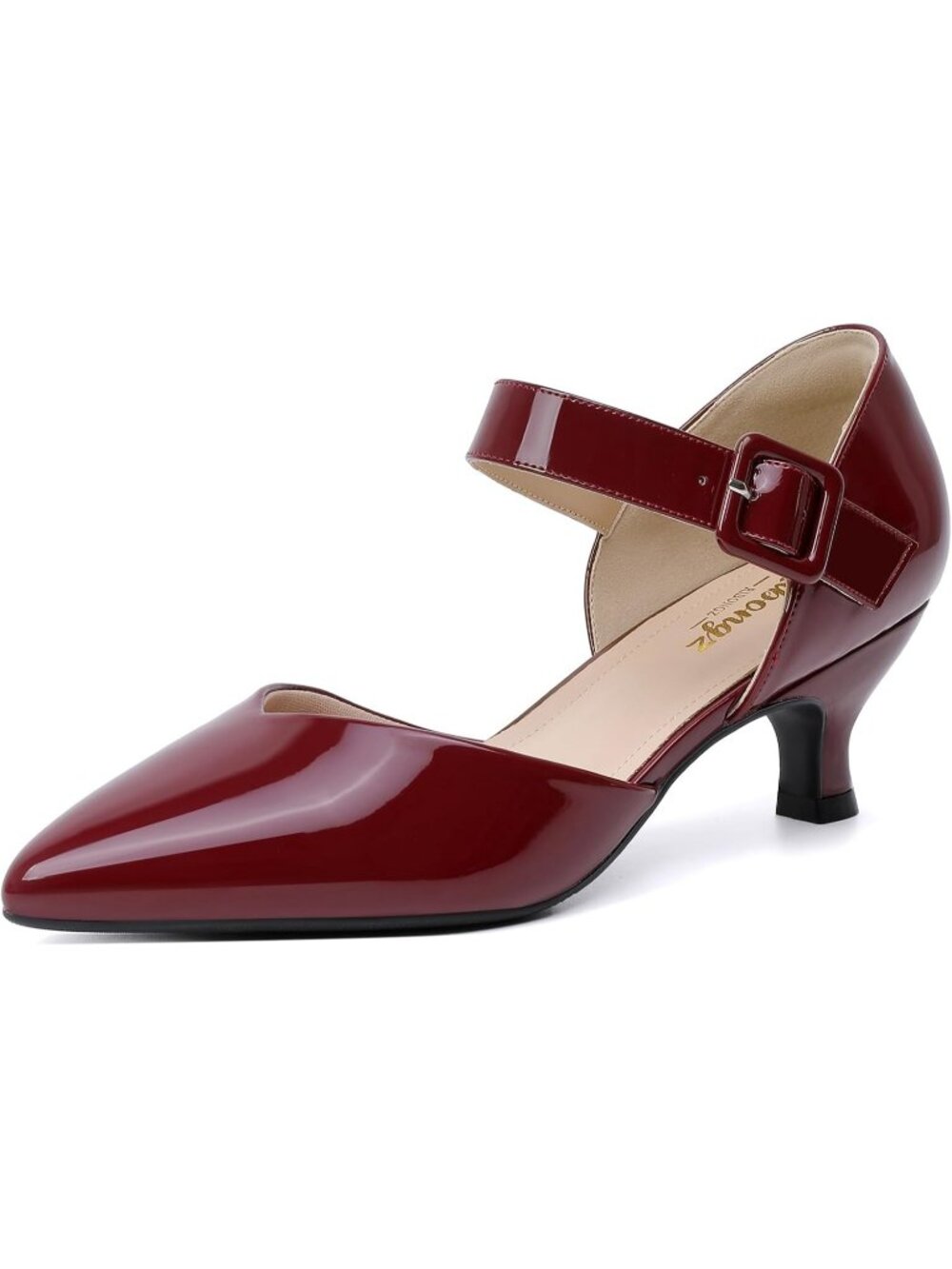 Women's Red Closed Pointed Toe Ankle Strap Buckle Heels Slip on Low Heel Shoes